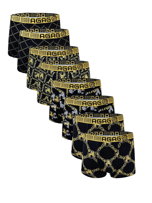 Cuecas boxer masculinas de poliéster com 8 unidades – cintura com logotipo "AGAG" e "ACNICE", conjunto de roupas íntimas com estampa artística