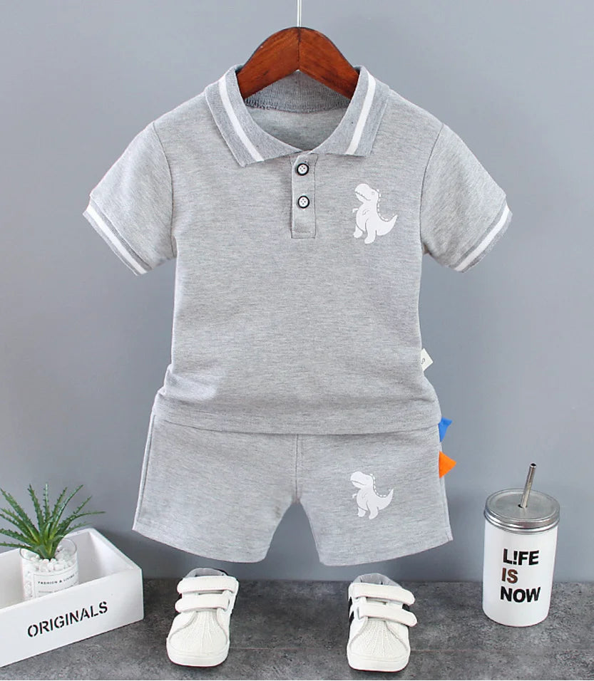 Conjunto infantil bebê menino, roupas de verão, casual, esporte, terno camisa polo + shorts 2 pçs, dinossauro impressão