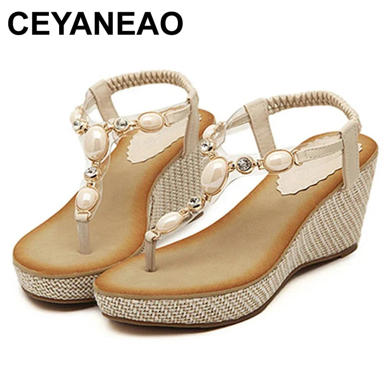 Sandálias femininas Bohemia diamante Wedges Gladiator Beach Sandal Flip Flops sapatos de estudante de verão Sandálias femininas YDT533