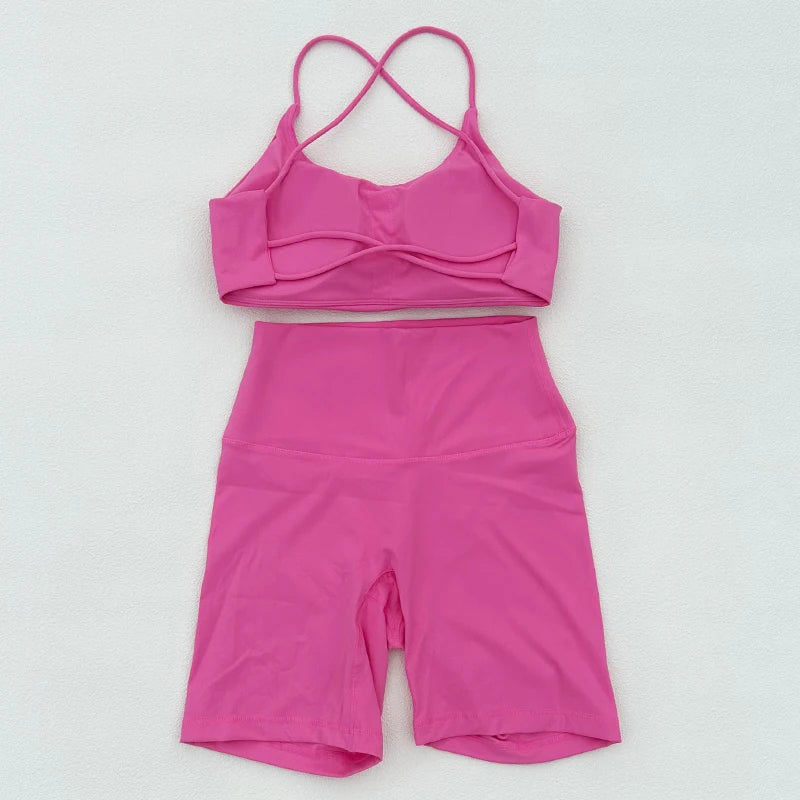 Conjunto feminino de yoga, ternos esportivos de fitness, shorts e tops, sem costura