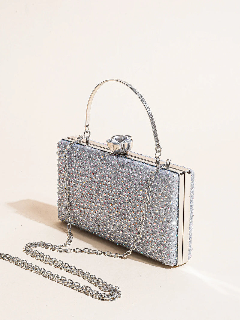 Bolsa de mão feminina clássica elegante com strass quadrada e decoração para noite, carteira de jantar com clipe