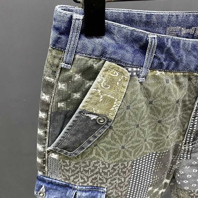 Shorts masculino emenda irregular impresso personalidade maré cinco pontos verão nova carga denim calças de flores streetwear jeans hombre