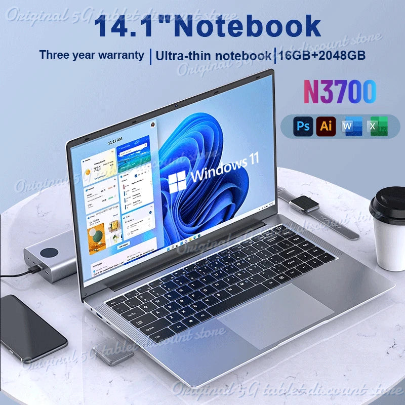 Computador portátil Windows 11 Pro Ultra SLIM Notebook 14,1" Intel Pentium N3700 16 GB 1024 GB Office STUDY PC Computador