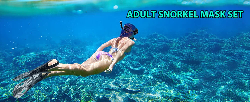 Conjunto snorkel, máscara fin para adulto, vista panorâmica, máscara ajustável, mergulho flipper seco superior, snorkel com saco de viagem