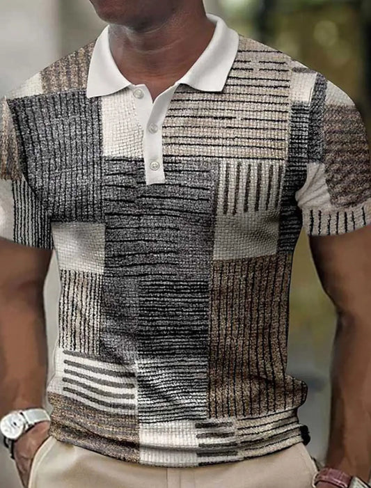 Camisa polo masculina, camisa de golfe, cor padrão bloco impressão, punho geométrico, design manga curta, casual, respirável