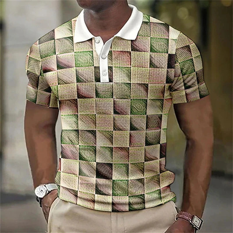 Camisa polo masculina, com botão, Impressão 3d geometria xadrez gráfico, verão, manga curta