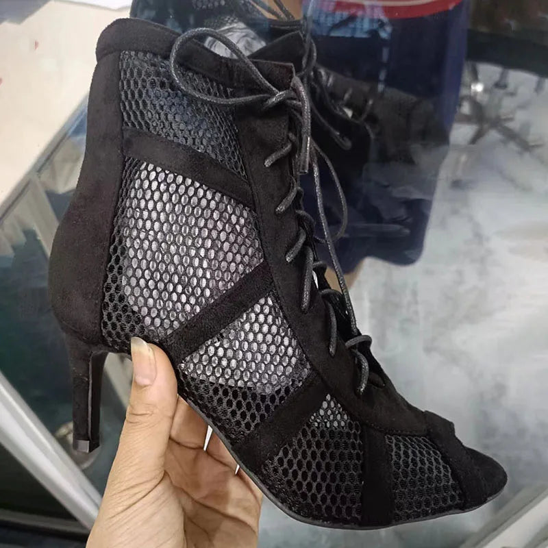 Sapatos femininos pretos sensuais com cadarço cruzado, confortáveis, saltos finos de alta qualidade, sandálias de dança com bico aberto