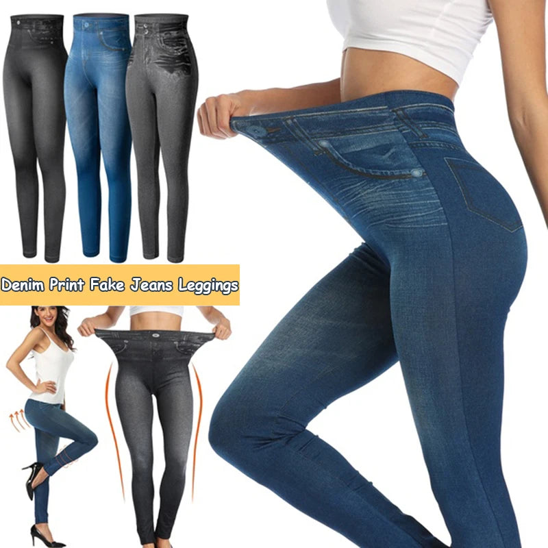 Calças legging feminina, cintura alta, falso denim, push up, sem costura, casual, elástico, bolso, jeans, lápis