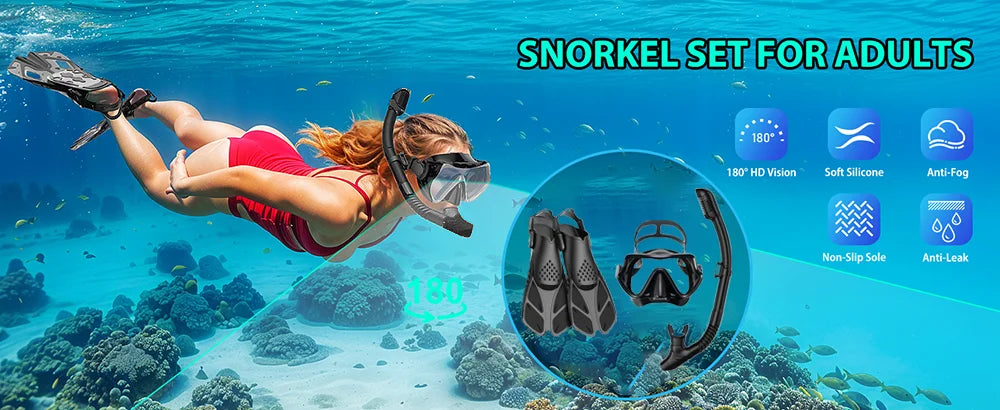 Conjunto snorkel, máscara fin para adulto, vista panorâmica, máscara ajustável, mergulho flipper seco superior, snorkel com saco de viagem