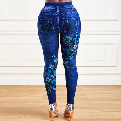 Calças de grandes dimensões femininas cintura alta elástico legging denim olhar magro jeggings senhoras moda impressão lápis