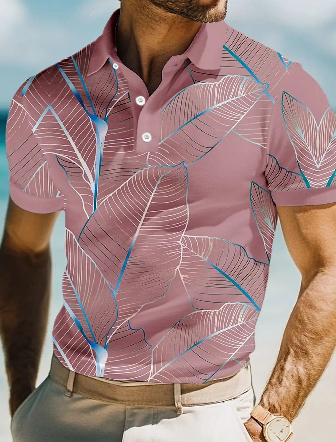 Camisa polo masculina com estampa 3D de folhas, manga curta, camisas com gola, resort casual, escola, uso diário ao ar livre, roupa de férias