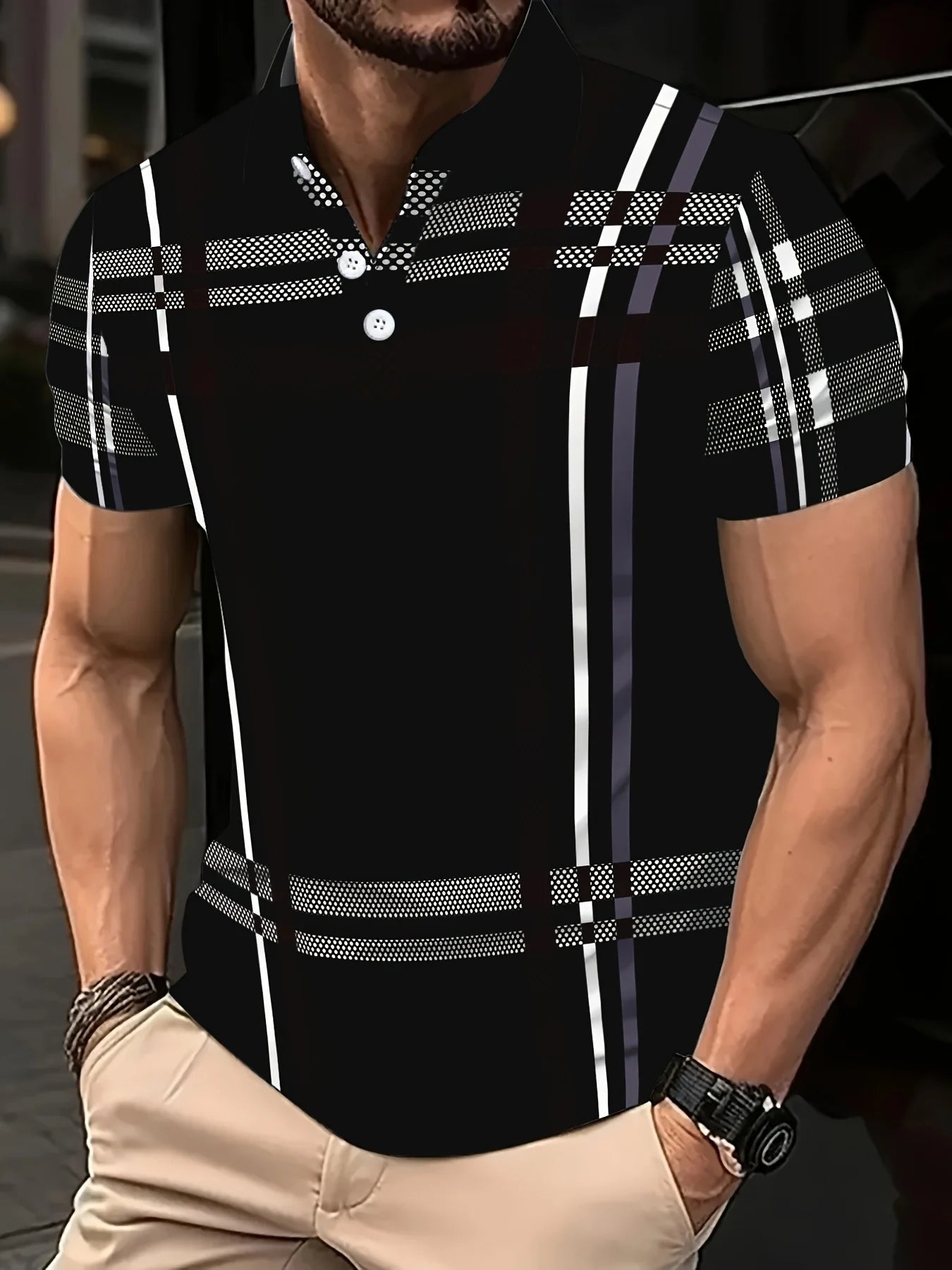 Camisa masculina esportiva listrada, de verão, moda manga curta, camisa polo com gola, casual, tops streetwear