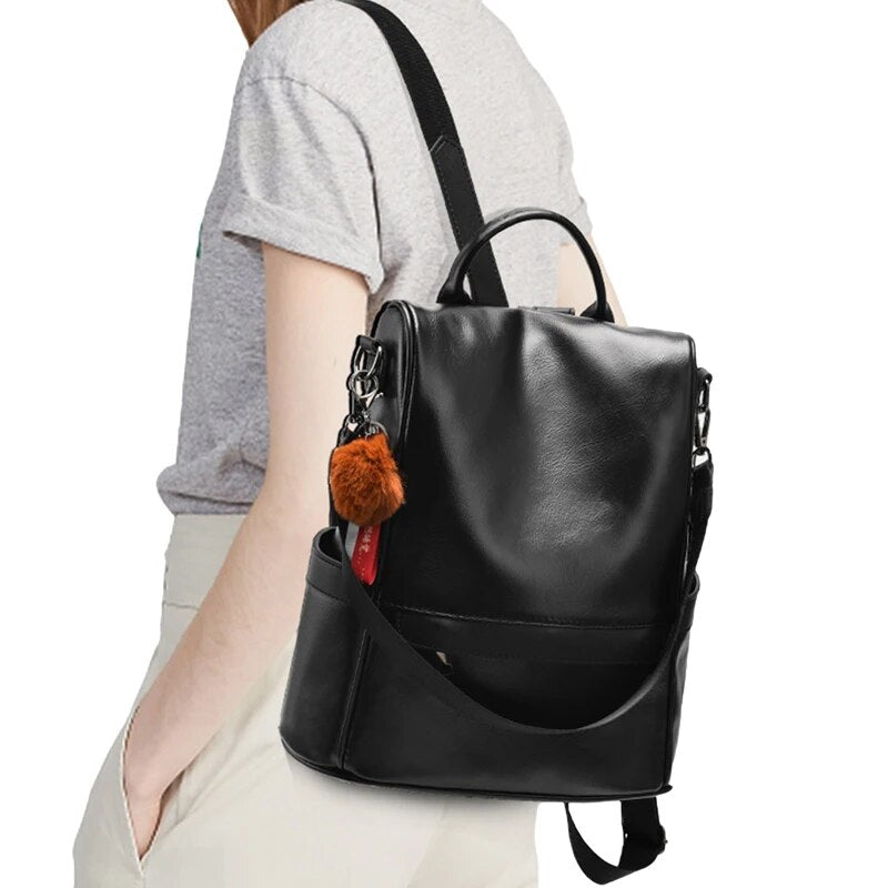 Mochila Feminina de couro PU elegante, bolsa antifurto, grandes bolsas de ombro com pingentes bobbles, moda feminina