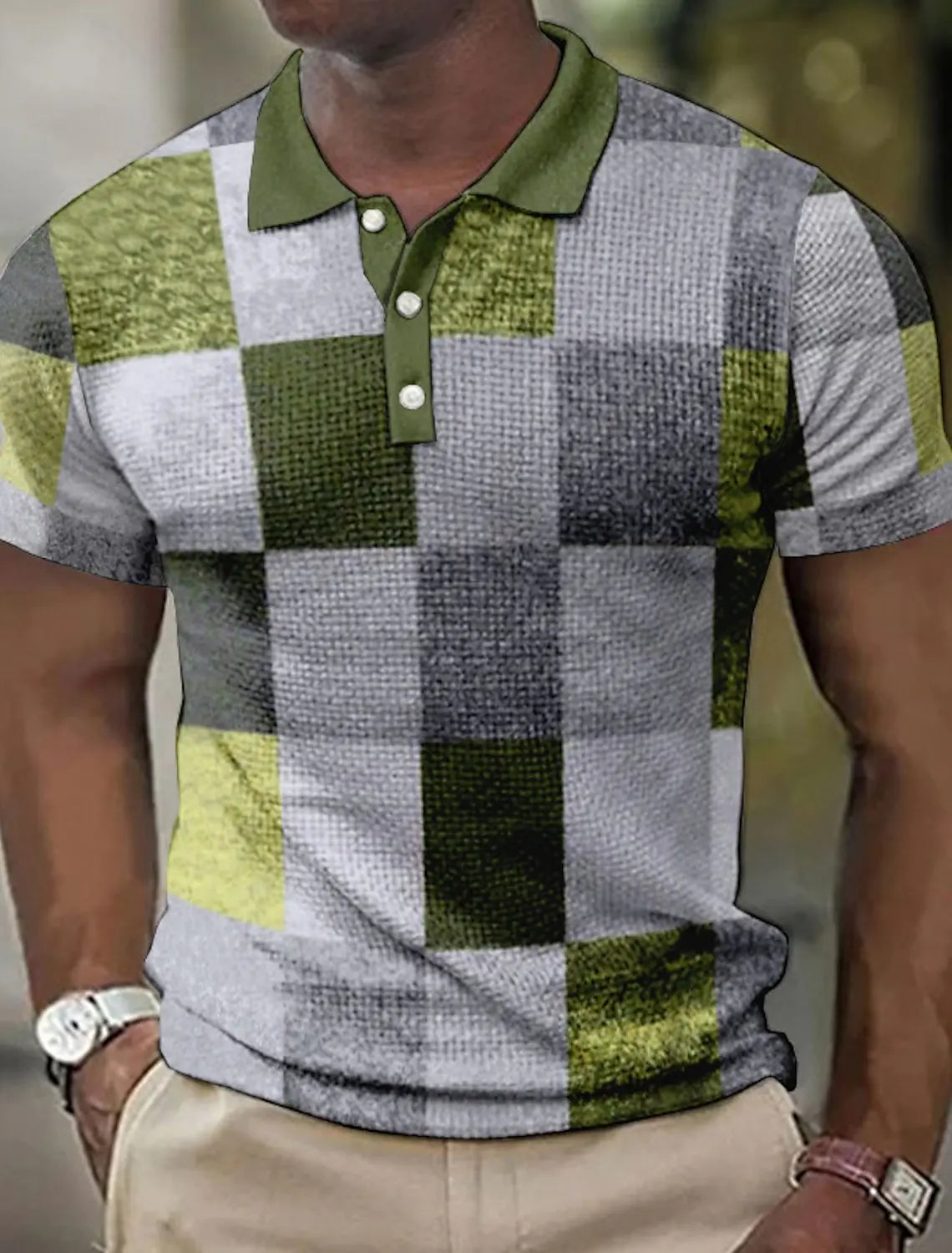Camisa polo masculina lapela polo botão camisa cor bloco xadrez padrão 3d impresso manguito ao ar livre rua de manga curta roupas impressas