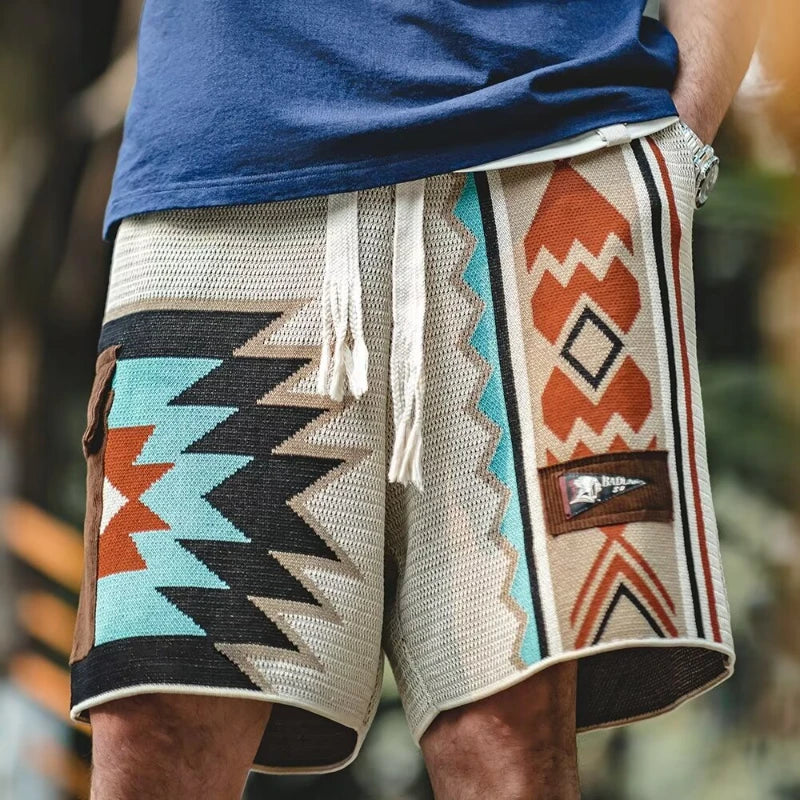 Shorts de malha masculinos, retrô, com bordado, combinando cores, cinco pontos, calça de verão, solta, casual, cintura elástica