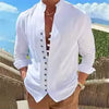 Camisa masculina de algodão e linho para primavera e outono, com mangas compridas, cor sólida, fechamento por botões, estilo casual