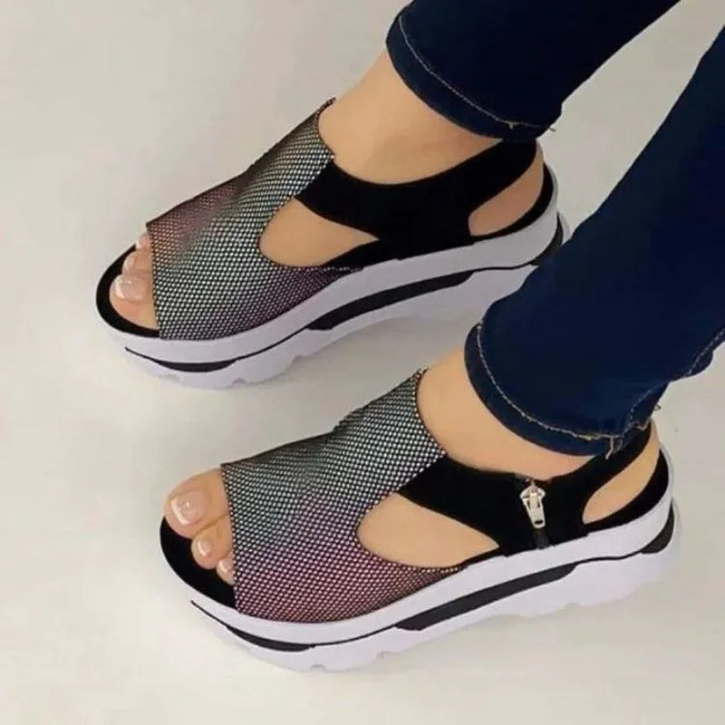 Sandálias Tamanho 43 Peep Toe Sapatos de Plataforma Cunha Sandálias Femininas 2023 Verão Moda Aumento de Altura Casual Praia Senhoras