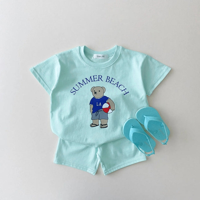 2023 coreia bebê menino conjunto de roupas da criança crianças roupas verão dos desenhos animados urso camiseta + shorts duas peças terno recém-nascido menino menina roupas lxdedxm