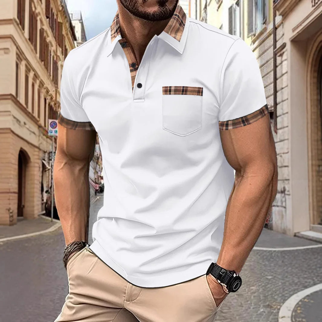 Camisa polo masculina, top esportiva, casual, confortável, de verão, manga curta, com retalhos, de cor sólida, e bolsos falsos