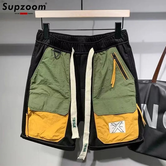 Shorts Masculino Solto Casual High Street Trendy Contraste Cor Costura Bolso Personalizado