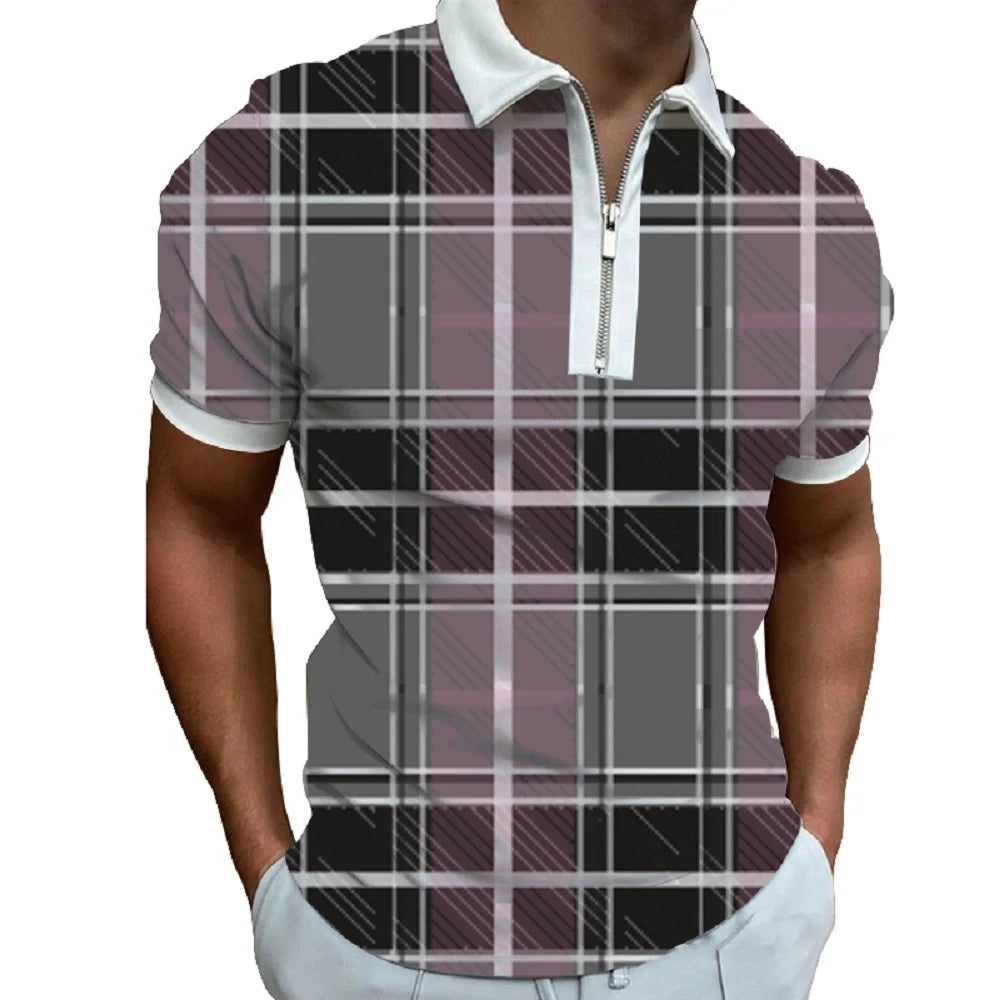 Camisa masculina de manga curta, estampa listrada, com zíper, moda verão, tops polo masculinos casuais, respiráveis, personalizados