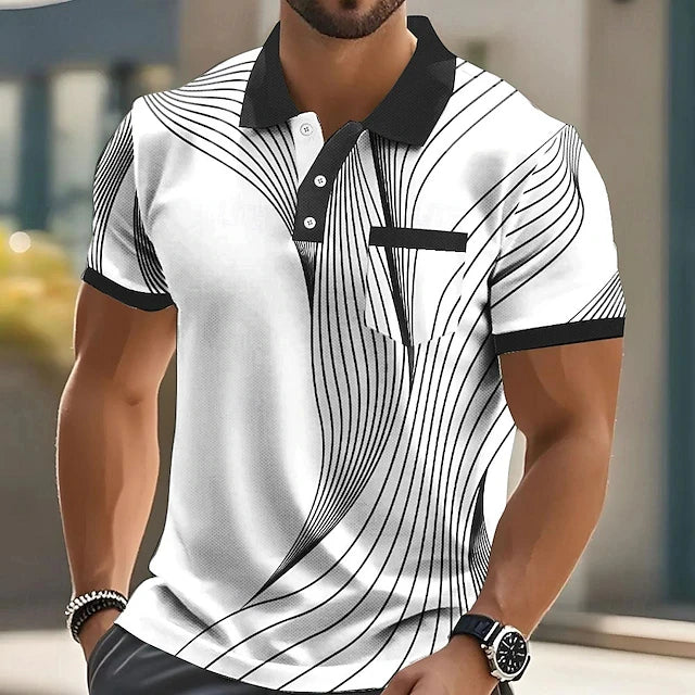 Camisa polo masculina de manga curta, listrada, com estampa 3D e gola alta, casual, diversos tamanhos