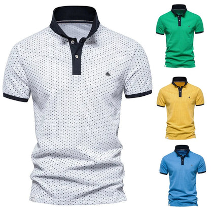 Camisa polo masculina lapela onda ponto manga curta geométrica decoração de metal