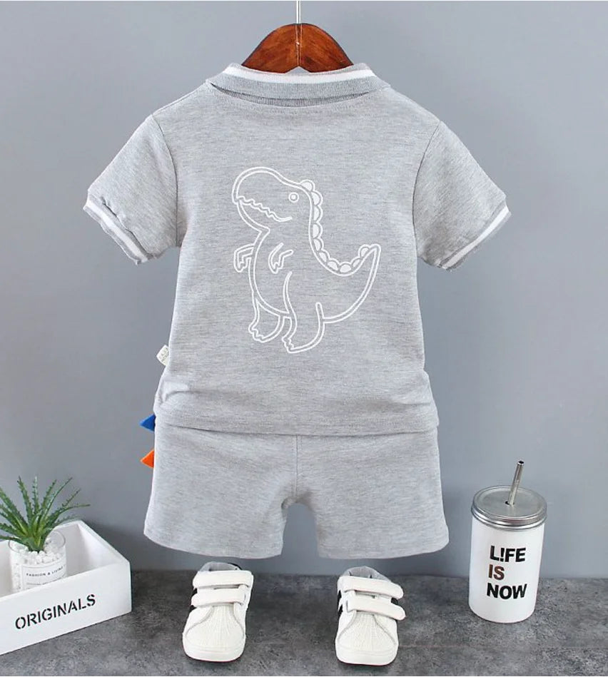 Conjunto infantil bebê menino, roupas de verão, casual, esporte, terno camisa polo + shorts 2 pçs, dinossauro impressão