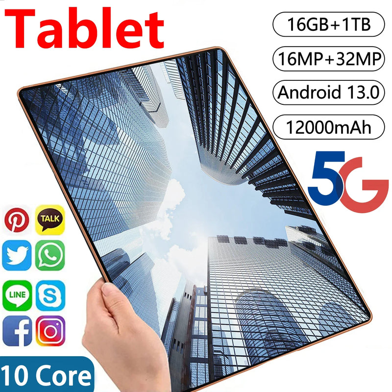 Tablet de rede Android 13.0 de 11,6 polegadas, 16 GB de RAM, 1 TB de ROM, 16 MP, 32 MP, 10 núcleos, 12000 m Ah, tablet 4, 5 G Wifi