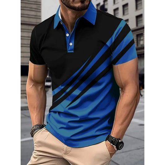 Camisa polo masculina, padrão geométrico colorido, impressão 3D, manga curta, verão, casual, lapela, tops grandes dimensões