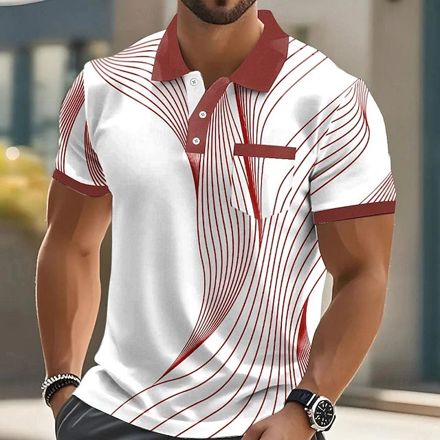 Camisa polo masculina de manga curta, listrada, com estampa 3D e gola alta, casual, diversos tamanhos