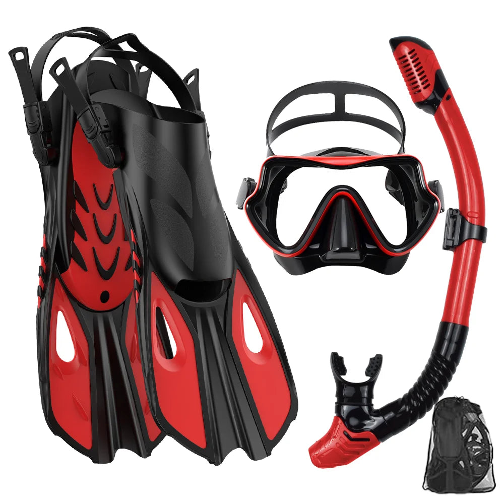 Conjunto snorkel, máscara fin para adulto, vista panorâmica, máscara ajustável, mergulho flipper seco superior, snorkel com saco de viagem