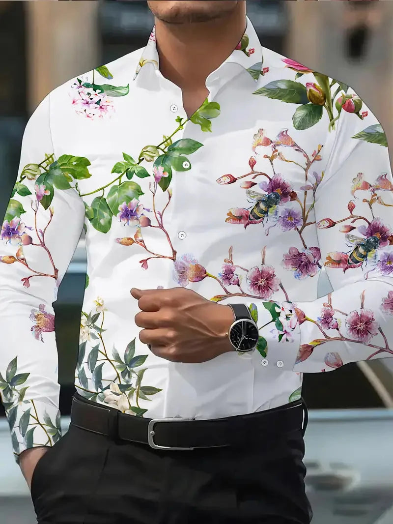 Camisa masculina, manga longa, casual, 3d, flor impressa, casual, primavera outono, manga longa aba top