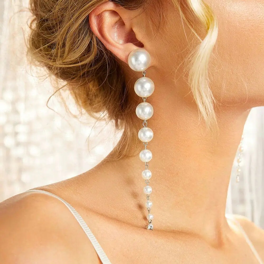 Brincos feminino longos pendurados, tendência, elegante, imitação de pérola, borla