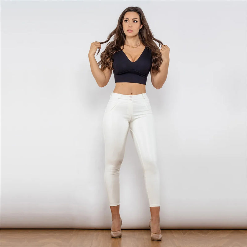 Calças Femininas Skinny Push Up Branco Casual