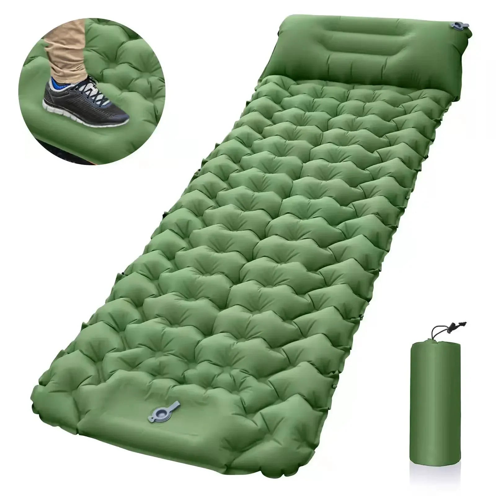Colchão inflável verde NOENNAME_NULL com design acolchoado e compacto, ideal para camping e almofada de ar ultraleve trekking