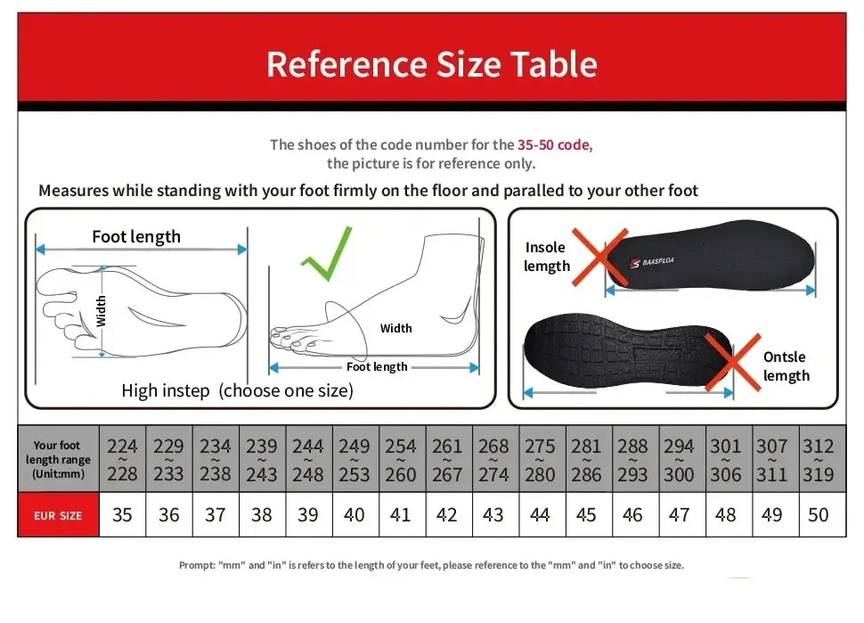 Tabela de tamanho de referência para tênis de corrida masculino leve com medidas precisas e instruções de ajuste