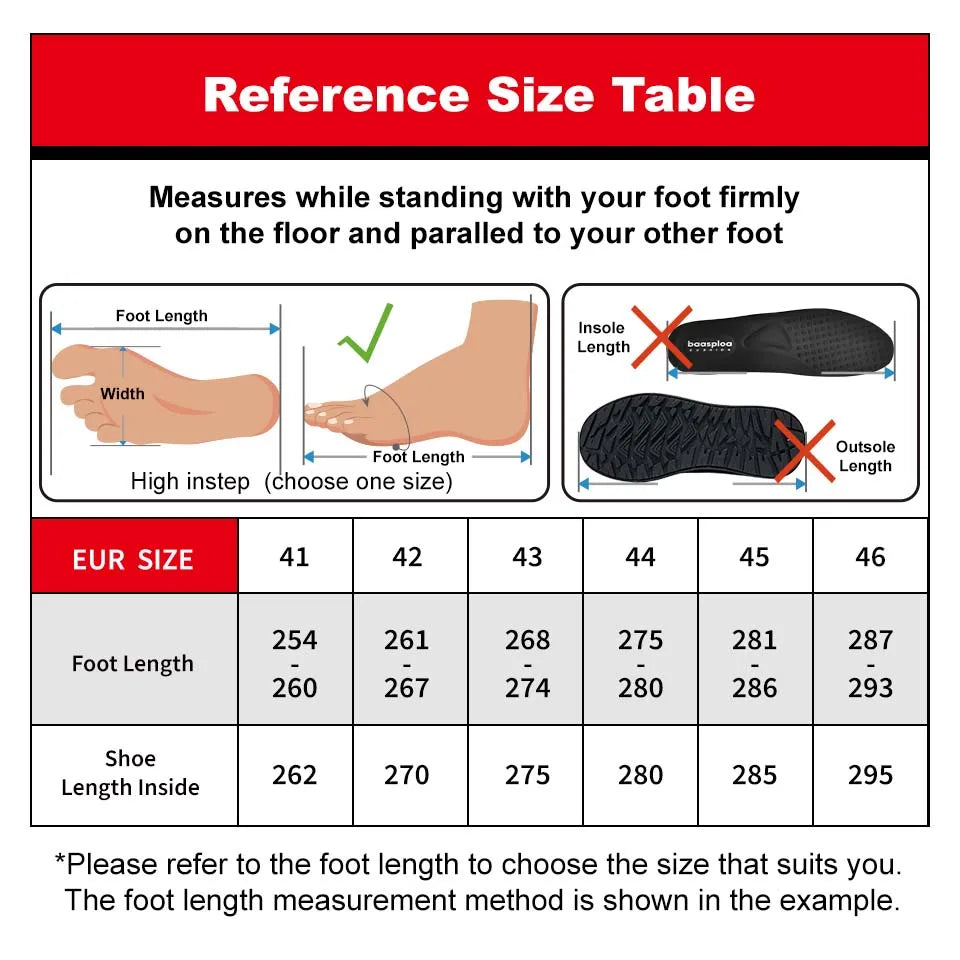 Tabela de tamanhos para tênis de corrida masculino leve com medidas de comprimento e largura