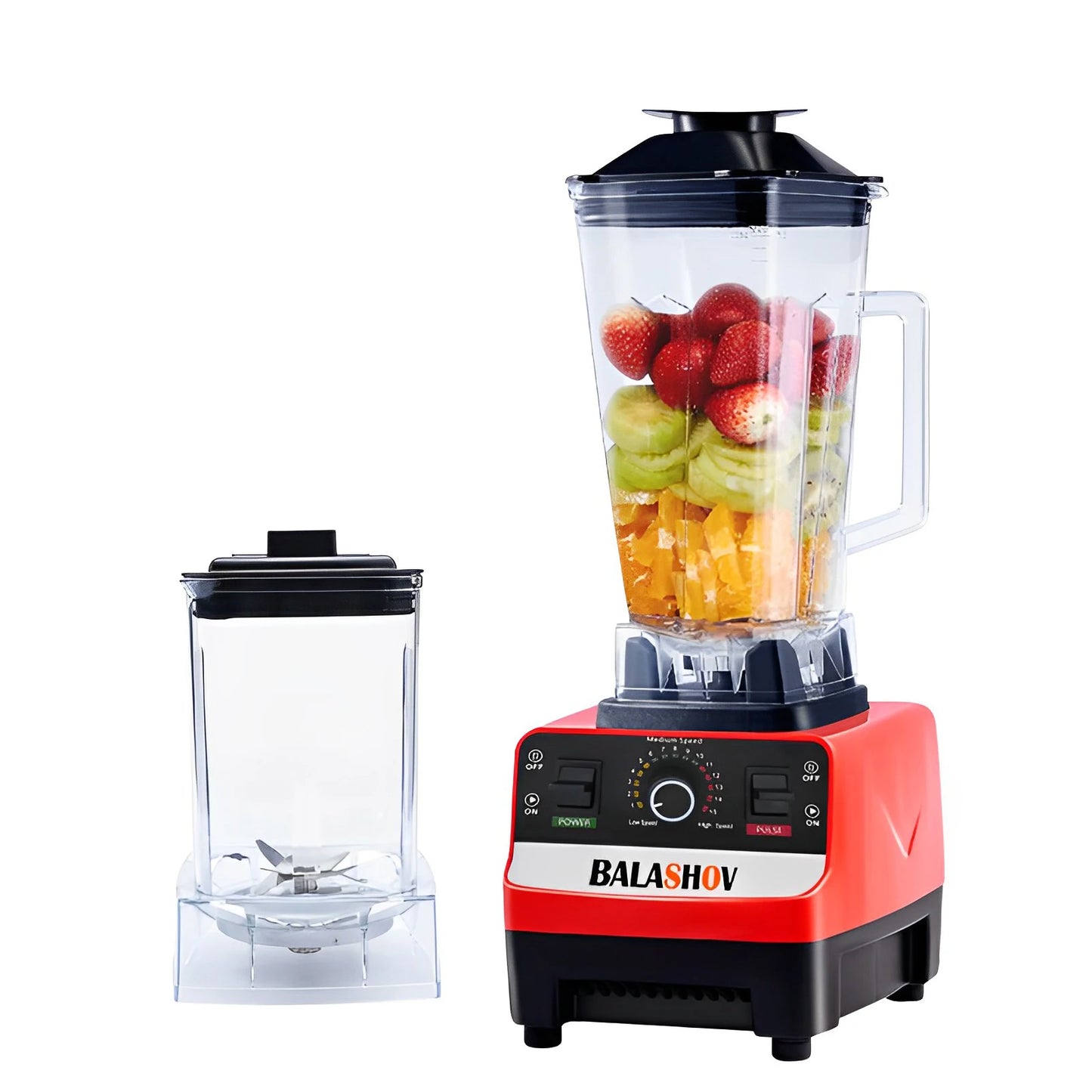 Liquidificador comercial potente BALASHOV com jarra transparente e frutas para preparo de smoothies