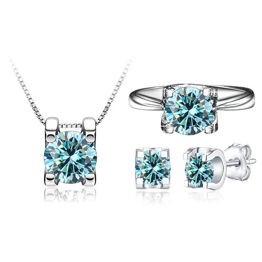 Conjunto de joias femininas moissanite em prata com pingente, anel e brincos de cristal azul.
