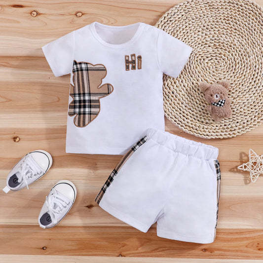 IURNXB conjunto branco com roupa infantil menino estampa divertida ursinho xadrez em camiseta e shorts listras laterais