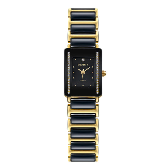Relógio feminino luxo diamante da BERNY com pulseira dourada e caixa retangular elegante