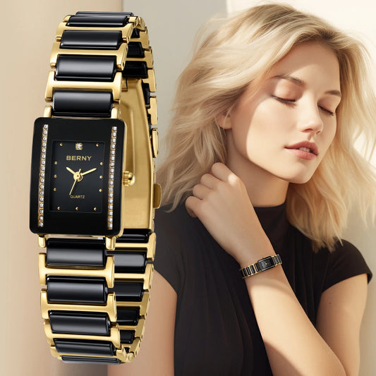 Relógio feminino luxo diamante BERNY em preto e dourado, elegante e sofisticado para todas as ocasiões.