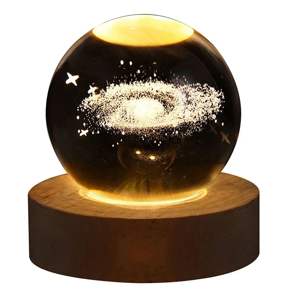 Lâmpada decorativa ambiente Bola de Plasma Projetor 3D com efeito de galáxia iluminada em base de madeira