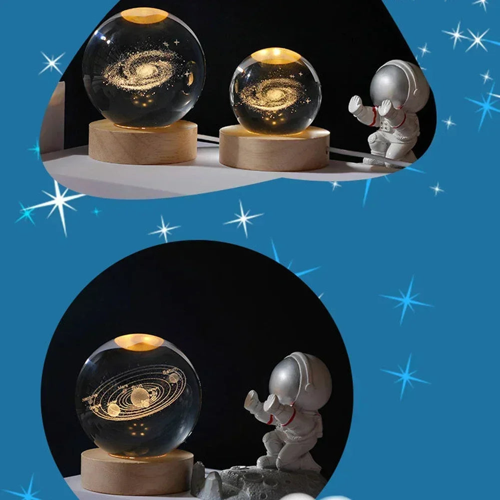Lâmpada decorativa ambiente com bola de plasma projetor 3D iluminando galáxias e astronauta em destaque