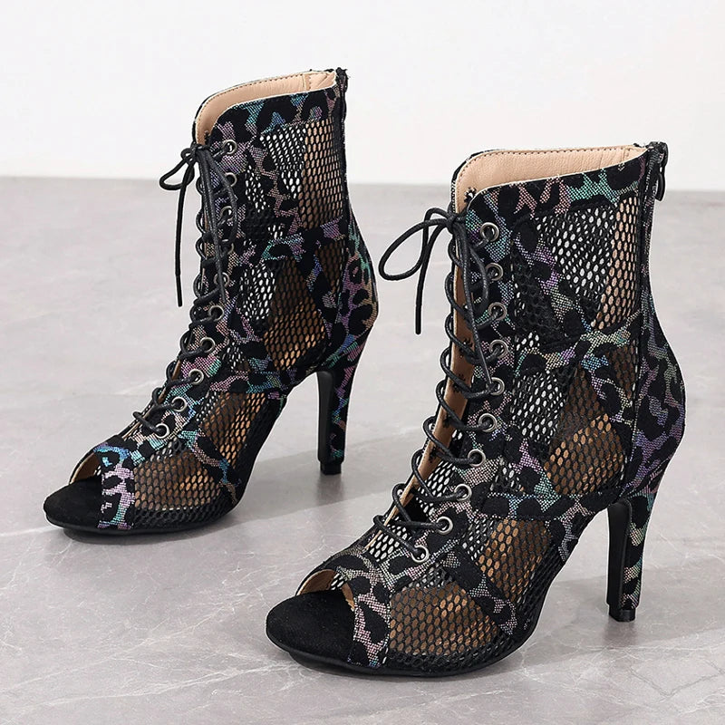 Botas femininas peep toe RIMOCY em rede colorida com salto alto e detalhe de cadarço