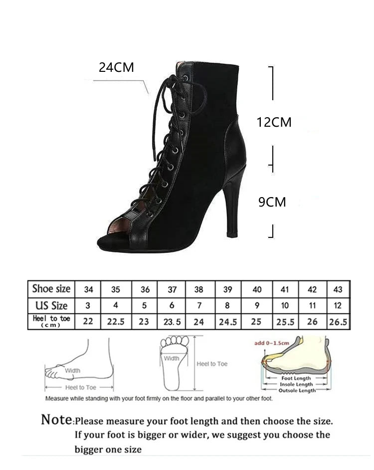 Botas femininas salto alto preto com cadarço frontal e salto de 9 cm, mostrando medidas e guia de tamanhos