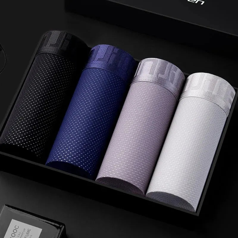 Conjunto de cuecas boxer masculinas em seda gelada, com cores variadas e design moderno