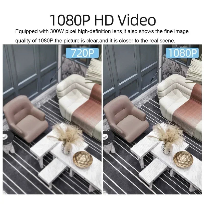 Câmera de vigilância 2MP mostrando comparação entre imagens 720P e 1080P em ambiente interno
