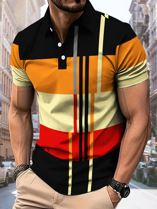 Camisa polo color block masculina com design vibrante e moderno, ideal para looks casuais.